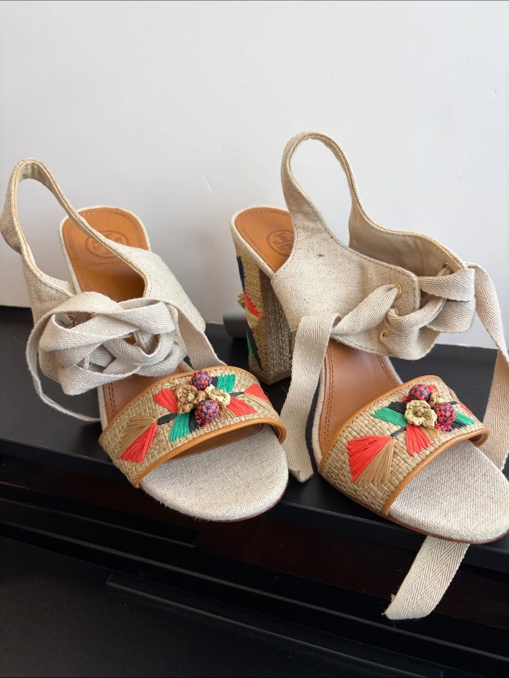 Tory Burch Neutral Raffia Wedge Sandals with Multicolor Tassel Detail